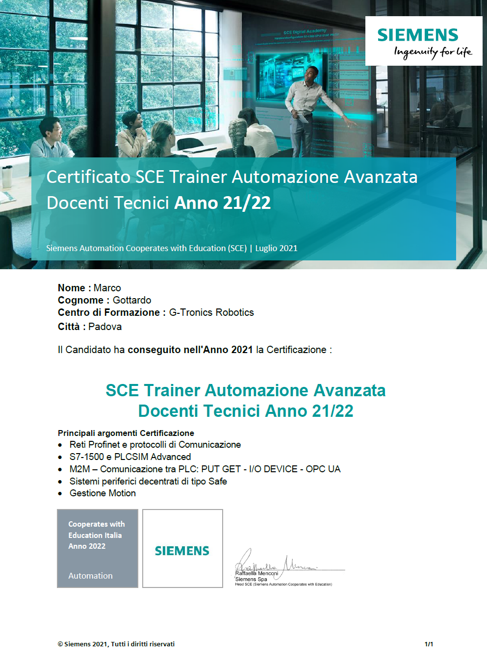Certificato Simens SCE training ing Gottardo